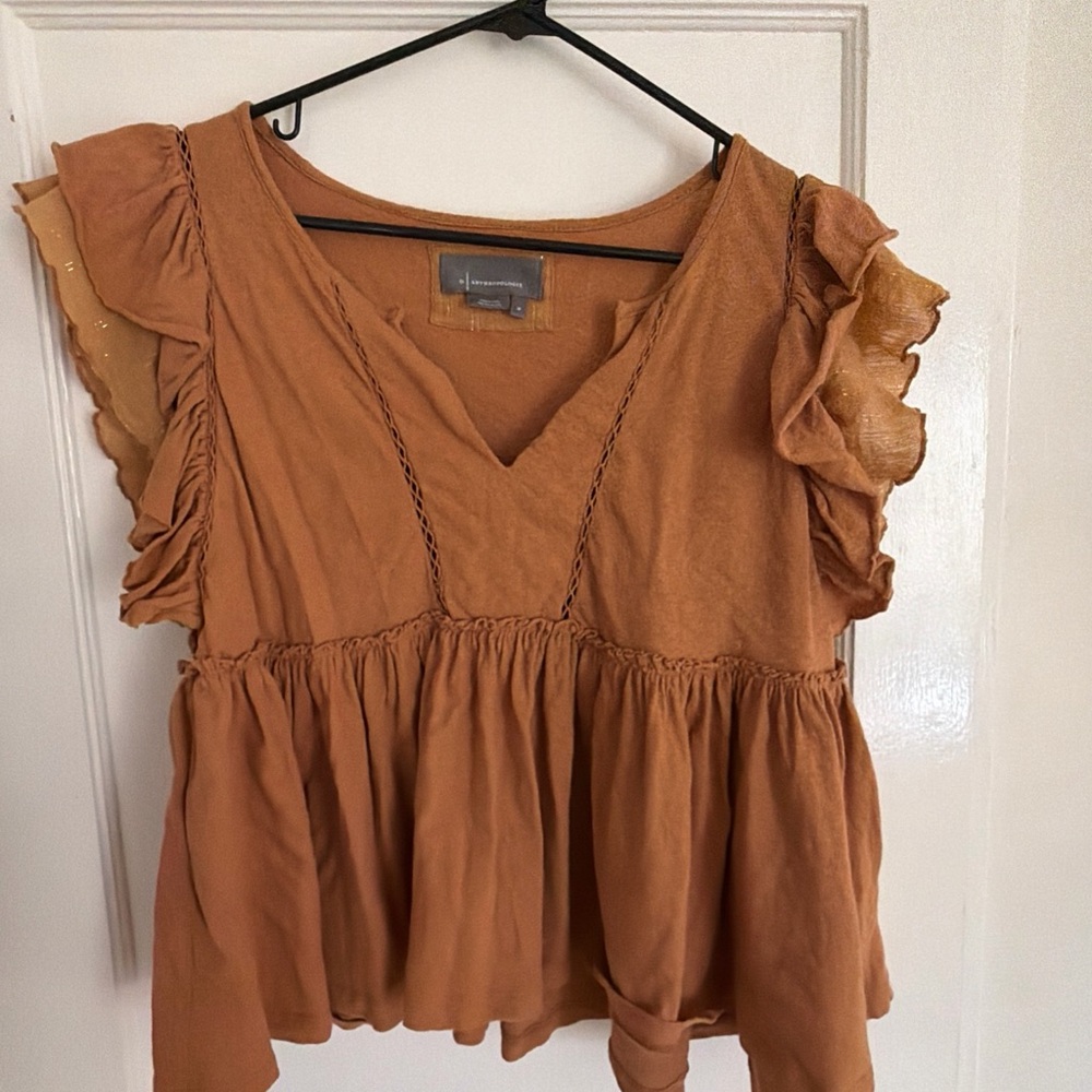 Anthropologie Ruffled Sleeve Blouse - Tan